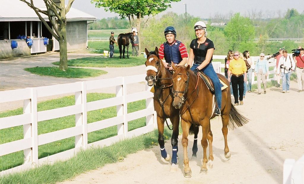 Barbaro, under Peter Brette, walks back to the barn after morning exercise at Keeneland with a collection of media members following. (Carrie Curry photo)